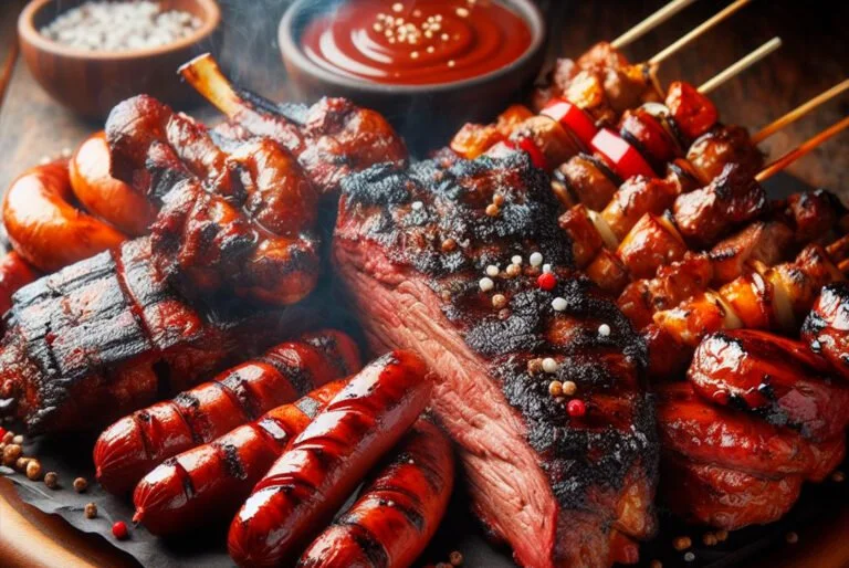 Bandeja com carne e linguiça, espetos