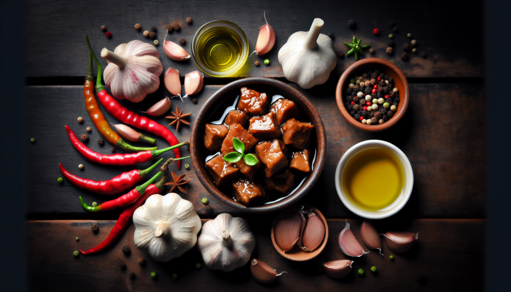 Adobo é um tempero e técnica culinária das Filipinas feita com alho, vinagre, óleo, e pimenta, usada para marinar e conservar carne ou peixe. (imagem gerada com inteligência artificial)