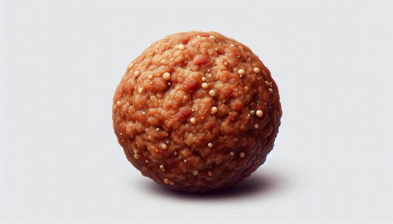 Almôndega é uma pequena bola de carne moída, geralmente misturada com temperos, ovos e migalhas de pão, que pode ser cozida frita, assada ou cozida em molho. (imagem gerada com inteligência artificial)
