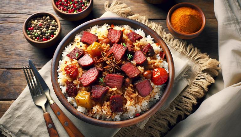 Arroz carreteiro é um prato típico brasileiro feito com arroz, carne seca ou charque, e diversos temperos, sendo popular principalmente no Sul do Brasil. (imagem gerada com inteligência artificial)