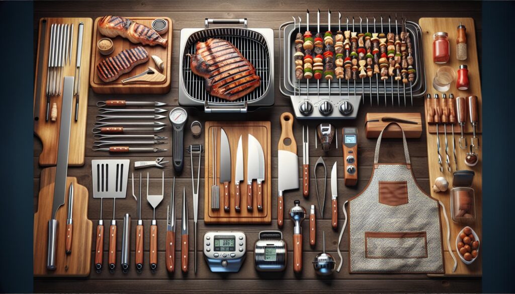 Acessórios para churrasco incluem itens como grelhas, espetos, facas, tábuas, termômetros, aventais e pinças, essenciais para preparar e servir um churrasco. (imagem gerada com inteligência artificial)
