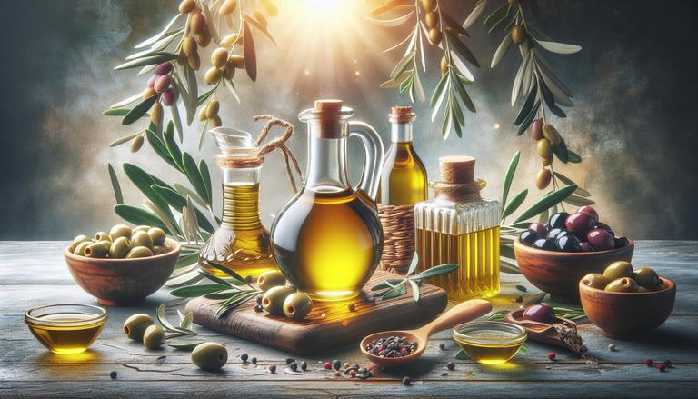 Azeite de oliva é um óleo natural extraído da azeitona, fruto da oliveira. Rico em ácidos graxos monoinsaturados, é usado na culinária, medicina e cosméticos. (imagem gerada com inteligência artificial)