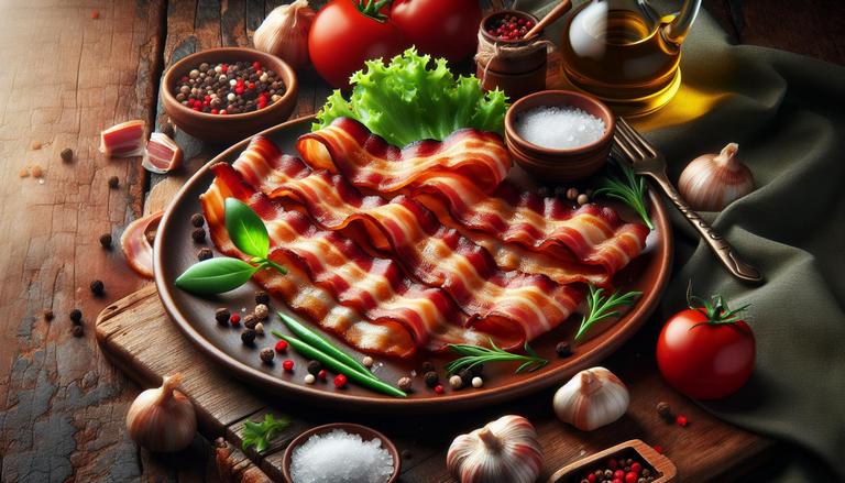 Bacon é uma carne curada e fumada, geralmente feita de barriga de porco. É conhecido por sua textura crocante e sabor defumado e salgado, popular em diversas culinárias pelo mundo. (imagem gerada com inteligência artificial)