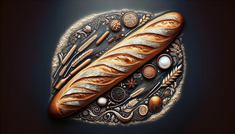A baguete é um tipo de pão francês conhecido por sua forma longa e fina, crosta crocante e miolo macio. É feita principalmente de farinha, água, fermento e sal. (imagem gerada com inteligência artificial)
