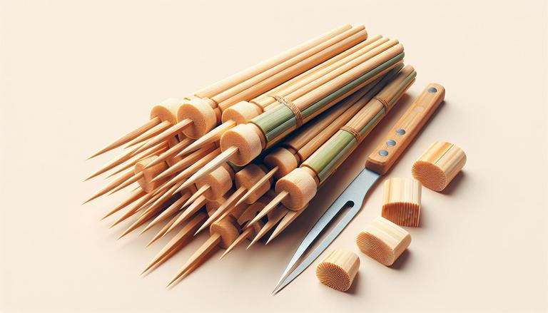 Bambu para espeto é um tipo de bambu cortado e afiado em uma das extremidades, utilizado para espetar alimentos em churrascos ou outros tipos de cozimento. É biodegradável e considerado uma opção ecológica. (imagem gerada com inteligência artificial)
