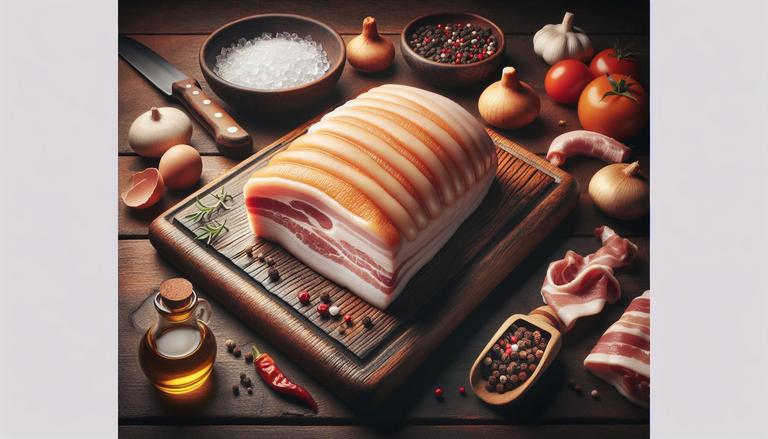 A barriga de porco é uma parte do porco utilizada especialmente para a produção de bacon e toucinho. É conhecida por sua alta gordura e textura macia. (imagem gerada com inteligência artificial)