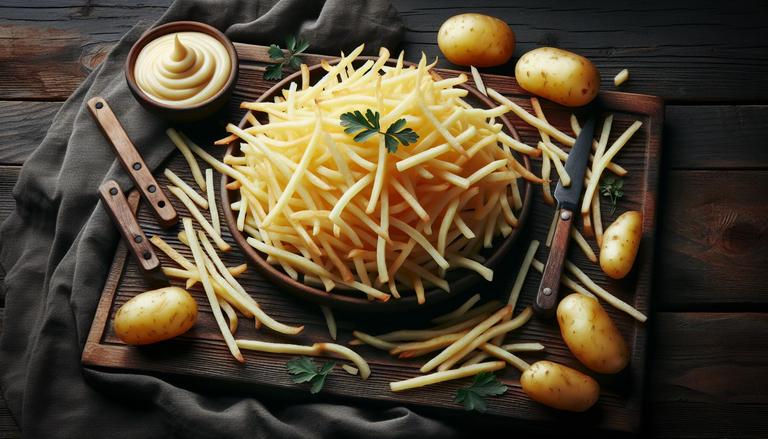 A batata palha é um tipo de batata cortada em tiras finas e fritas até ficarem crocantes. É comumente usada como acompanhamento em pratos como estrogonofe ou como ingrediente em lanches e saladas. (imagem gerada com inteligência artificial)