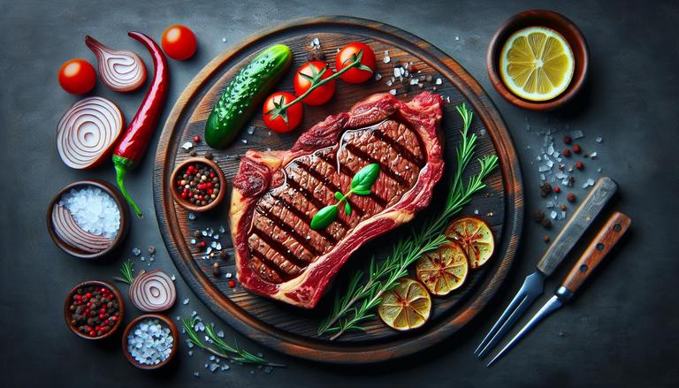 Bife de tira é um corte de carne bovina retirado da parte superior da costela. É conhecido pela sua textura macia e marmorização, que proporciona um sabor rico e suculento. Ideal para churrasco. (imagem gerada com inteligência artificial)