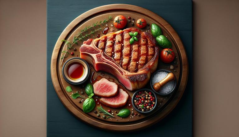 A bisteca é um corte de carne suína ou bovina. Na carne suína, é retirada do lombo e inclui parte do osso da costela. Na carne bovina, corresponde à parte do contrafilé com osso. É comum ser grelhada ou frita. (imagem gerada com inteligência artificial)
