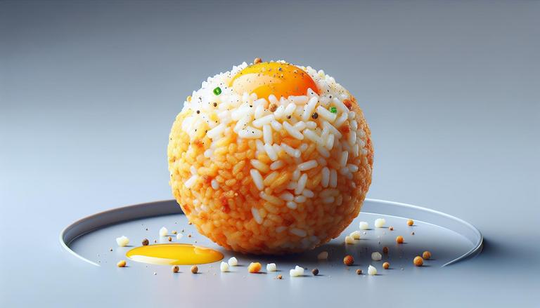 Bolinho de arroz é um petisco feito com arroz cozido, que pode incluir queijo, temperos e ovos, frito ou assado até ficar crocante por fora. (imagem gerada com inteligência artificial)