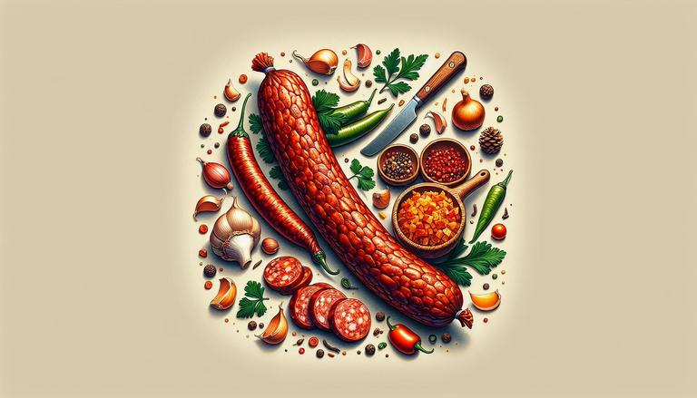 Chorizo é um tipo de linguiça picante de origem espanhola, feita com carne de porco, gordura, pimenta e outras especiarias, comumente consumida frita ou adicionada a pratos como paella. (imagem gerada com inteligência artificial)