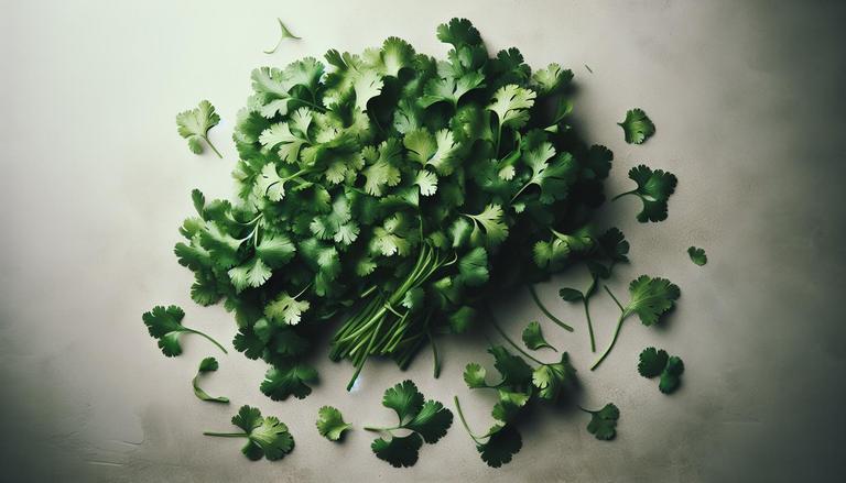 O coentro é uma erva aromática com folhas verdes e delicadas, usada comumente como tempero em diversas culinárias pelo mundo. Possui um sabor característico que pode variar entre refrescante e cítrico a sabão para algumas pessoas. (imagem gerada com inteligência artificial)