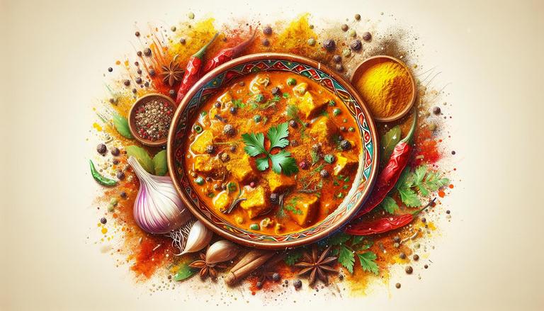 Curry é um termo que descreve pratos preparados com uma mistura de especiarias moídas, incluindo açafrão-da-terra, cominho e pimenta. É popular na culinária do Sul Asiático e em receitas de diversos países. (imagem gerada com inteligência artificial)