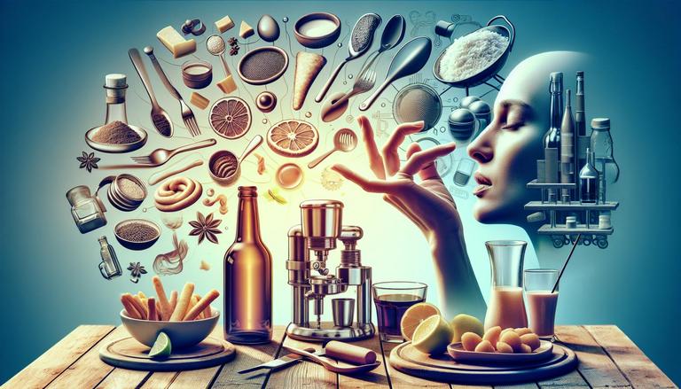 Descrição da imagem: Uma composição artística que mistura elementos gastronômicos e tecnologia. À esquerda, vários utensílios e ingredientes culinários flutuam, como colheres, especiarias, e rodelas de limão, representando a culinária. Ao centro, uma mesa de madeira exibe pratos com batatas fritas e limão, além de uma garrafa e uma máquina de café expresso. À direita, o rosto de uma figura humana estilizada parece tocar ou sentir os aromas. A imagem mistura tons quentes e frios, criando um clima de criatividade e inovação na cozinha.