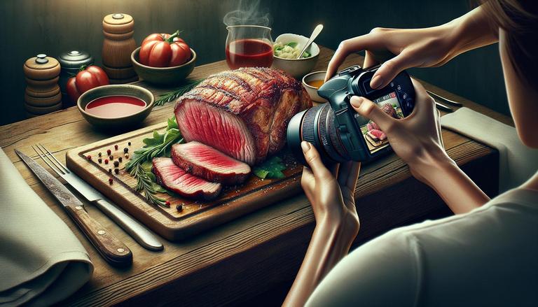 Cena de um pedaço de carne grande e suculento em uma tábua de madeira, cercado por ervas frescas e grãos de pimenta. Ao lado, são visíveis um garfo e uma faca em talheres de metal. Próximo à carne, há tigelas com molho vermelho, tomates e um recipiente contendo folhas verdes. A imagem mostra um par de mãos segurando uma câmera fotográfica, capturando a cena de cima. O ambiente é iluminado de forma suave, destacando os detalhes dos ingredientes.