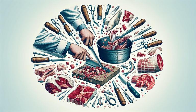 A imagem é uma ilustração mostrando um par de mãos fatiando carne sobre uma tábua de cortar, posicionada no centro. Ao redor, há uma variedade de ferramentas de corte, como facas e tesouras, dispostas em forma circular. Também há pedaços variados de carne crua e um balde metálico com pedaços e ferramentas no topo. A composição é detalhada, destacando a preparação e o corte de carnes. O fundo é claro, contrastando com os objetos e proporcionando um efeito visual organizado.