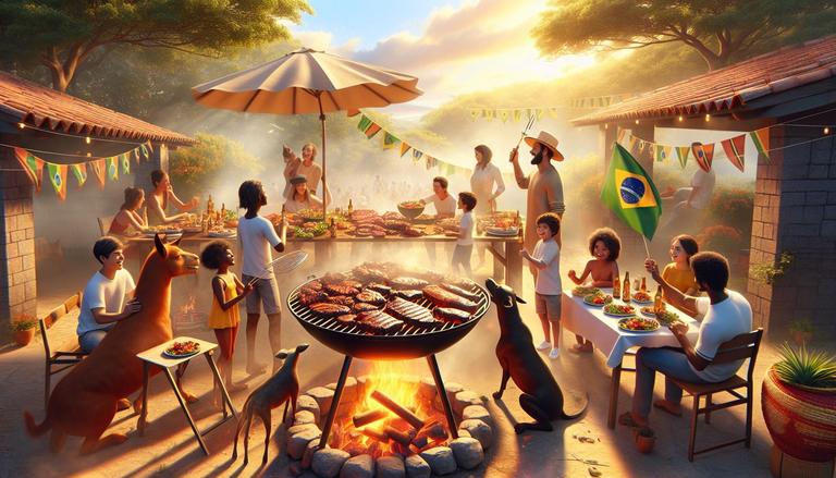 Imagem de uma cena vibrante ao ar livre, retratando um churrasco em um ambiente familiar e festivo. No centro, há uma churrasqueira redonda com várias carnes assando sobre um fogo. Ao redor, diversas pessoas conversam e servem-se de comida em mesas decoradas com pratos variados. Bandeirinhas com as cores do Brasil estão penduradas e, ao fundo, uma bandeira do Brasil é visível. Algumas crianças interagem entre si, enquanto duas pessoas mantêm dois cães calmos por perto. Árvores e casas criam um ambiente acolhedor, sob um céu azul iluminado pela luz dourada do sol poente.
