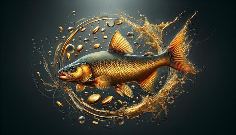 Uma ilustração abstrata de um peixe em um ambiente aquático, cercado por formas e gotas douradas explodindo e se espalhando em um padrão circular. O peixe, com escamas detalhadas de cor dourada e tonalidades escuras, está centralizado na imagem, contrastando com o fundo escuro. As formas ao redor sugerem movimento e energia.