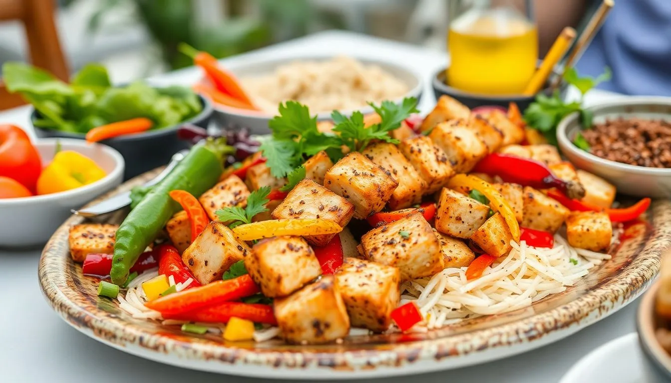Imagem de um prato colorido com cubos de tofu grelhados, decorados com ervas frescas. Ao redor do tofu, há tiras de pimentão vermelho, amarelo e verde, sobre um leito de macarrão fino. Ao fundo, há tigelas com ingredientes como alface, tomates e outros vegetais, além de uma garrafa de azeite. A imagem tem um aspecto vibrante e fresco, enfatizando uma refeição saudável e saborosa.