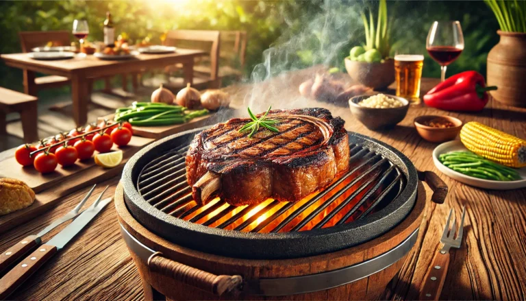 Uma costela suculenta está sendo grelhada em uma churrasqueira redonda, soltando fumaça sob a luz do sol. Ao redor, há uma variedade de alimentos sobre uma mesa de madeira, como espigas de milho, vagem verde, tomates cereja em ramo, pimenta vermelha e algumas cebolas. Na mesa ao fundo, estão taças de vinho e copos de cerveja ao lado de pratos, indicando um ambiente de refeição ao ar livre. A atmosfera é acolhedora e iluminada pelo sol.