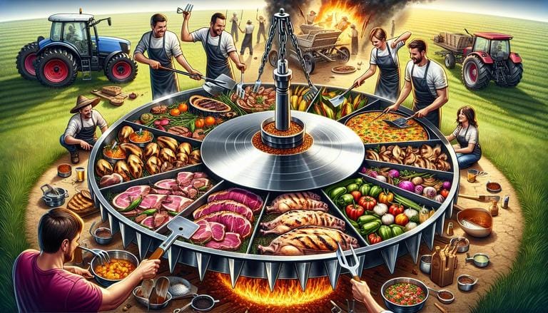 O disco de arado é um utensílio culinário, originalmente parte de implementos agrícolas, repurposado para cozinhar alimentos de forma eficaz ao distribuir o calor uniformemente. (imagem gerada com inteligência artificial)