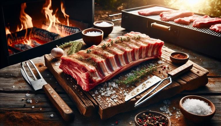 Entrecosto é uma peça de carne suína localizada entre as costelas e a lombar do porco. É conhecido por sua mistura de carne e gordura, sendo popular em churrascos e assados. (imagem gerada com inteligência artificial)