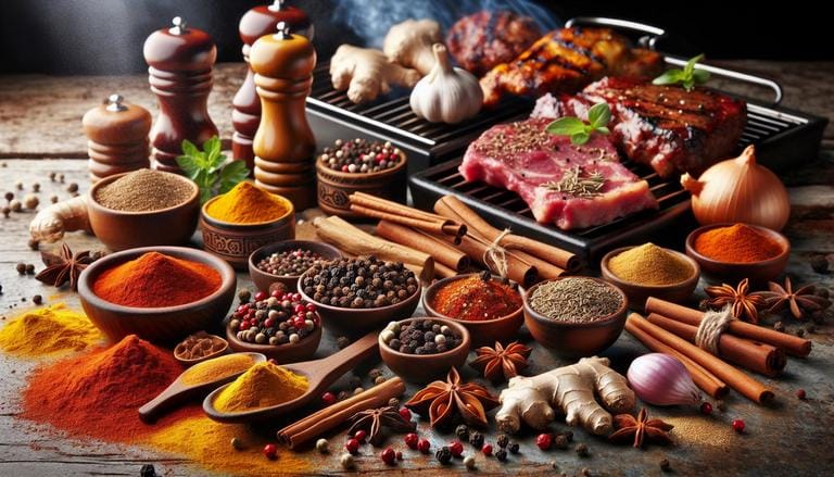 Especiarias são substâncias aromáticas de origem vegetal, como sementes, frutos, cascas ou raízes, utilizadas na culinária para temperar, conservar e realçar sabores dos alimentos. (imagem gerada com inteligência artificial)