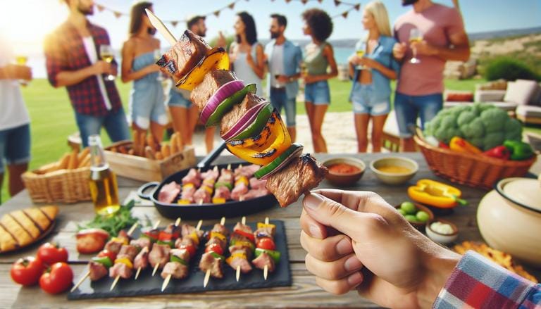 Espetadas são pratos feitos de pedaços de carne, peixe ou vegetais espetados em varetas, geralmente grelhados ou assados, comuns em churrascos e festas ao ar livre. (imagem gerada com inteligência artificial)