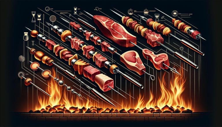 As estacas para churrasco são ferramentas fundamentais para garantir que as carnes sejam assadas de maneira uniforme e segura. As estacas são especialmente úteis para cortes maiores, como costelas e pernis, que requerem um cozimento mais lento e cuidadoso. (imagem gerada com inteligência artificial)