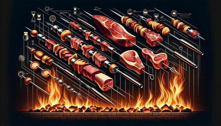 As estacas para churrasco são ferramentas fundamentais para garantir que as carnes sejam assadas de maneira uniforme e segura. As estacas são especialmente úteis para cortes maiores, como costelas e pernis, que requerem um cozimento mais lento e cuidadoso. (imagem gerada com inteligência artificial)