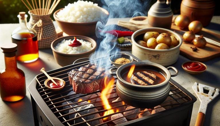 Estrogonofe é um prato de origem russa feito com pedaços de carne cozidos em um molho à base de creme de leite, cebola, mostarda e ketchup. Serve-se geralmente com batata palha e arroz. (imagem gerada com inteligência artificial)