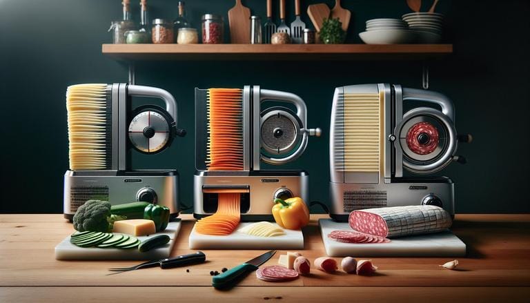 Fatiador é um utensílio de cozinha utilizado para cortar alimentos em fatias uniformes, como legumes, frutas, queijos e embutidos, facilitando o preparo e a apresentação dos pratos. (imagem gerada com inteligência artificial)