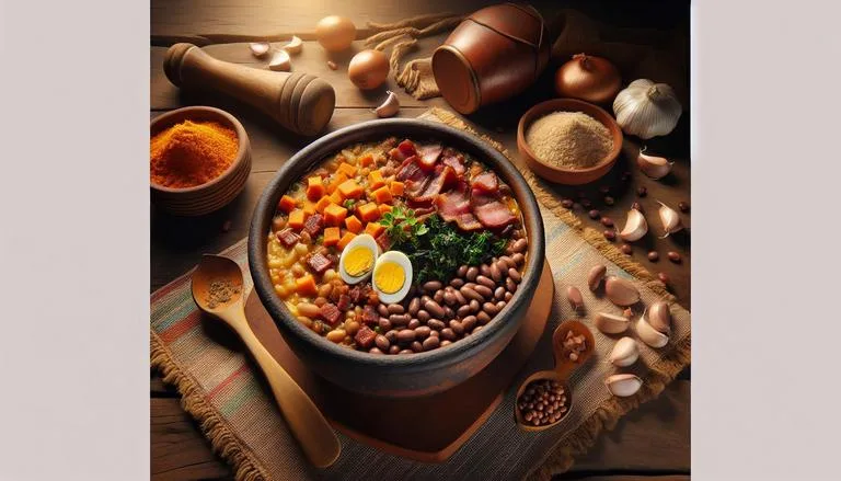 Feijão-tropeiro é um prato tradicional brasileiro composto por feijão cozido, farinha de mandioca, bacon, linguiça, ovos e temperos como alho e cebola, geralmente servido com couve refogada. (imagem gerada com inteligência artificial)