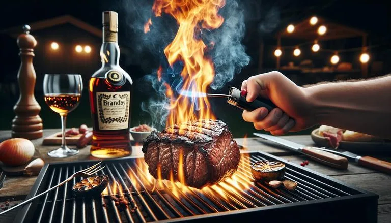 Flambado é uma técnica culinária em que bebida alcoólica é adicionada a um prato quente e, então, acesa para criar uma chama que carameliza os alimentos e intensifica sabores. (imagem gerada com inteligência artificial)