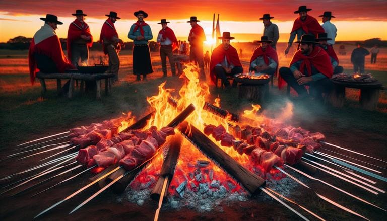 Fogo-de-chão é uma técnica tradicional gaúcha de preparar carne, assando-a em espetos fincados no solo ao redor de uma fogueira aberta. (imagem gerada com inteligência artificial)