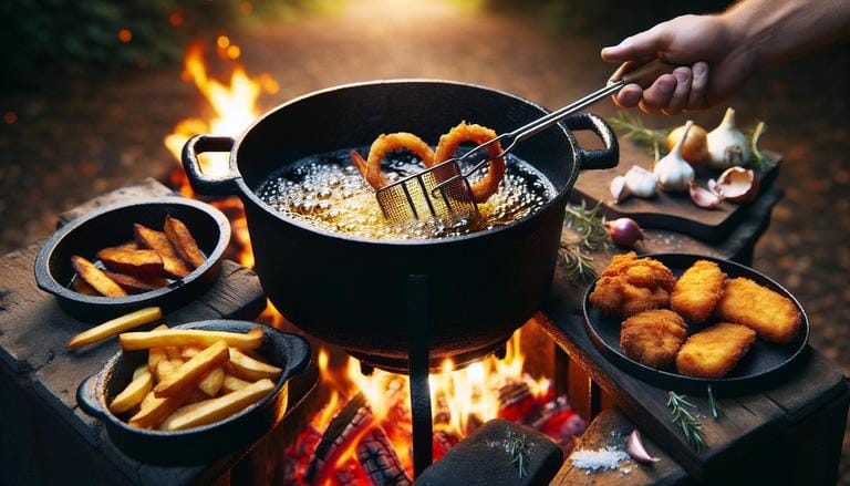 Fritura é um método de cozimento que usa gordura quente para cozinhar alimentos, resultando em uma textura crocante por fora e macia por dentro. (imagem gerada com inteligência artificial)