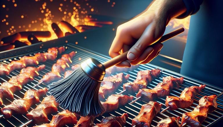 Esfregão - Esfregão é uma ferramenta essencial no churrasco, usada para aplicar marinadas, molhos ou temperos diretamente nas carnes. Com sua textura macia e absorvente, permite uma distribuição uniforme dos sabores, contribuindo para uma carne mais saborosa e suculenta. Ideal para garantir que cada pedaço recebe a atenção necessária, o esfregão é uma peça indispensável no arsenal de qualquer mestre churrasqueiro. Usado corretamente, ele também ajuda na formação daquela crosta deliciosa e caramelizada na superfície das carnes. - Um churras - Imagem gerada por IA