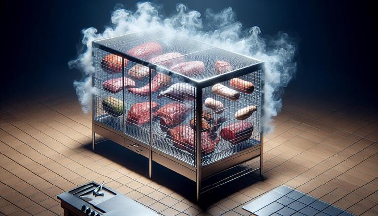 Gaiola de defumação - Gaiola de defumação é um utensílio de cozinha usado para defumar alimentos de forma segura e eficiente, mantendo-os contidos enquanto são expostos à fumaça para absorver sabor. - Um churras - Imagem gerada por IA