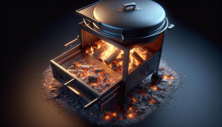Gaveta de cinzas - Gaveta de cinzas é um compartimento em fogões a lenha, lareiras ou churrasqueiras, utilizado para coletar e facilitar a remoção das cinzas geradas pela queima de madeira. - Um churras - Imagem gerada por IA