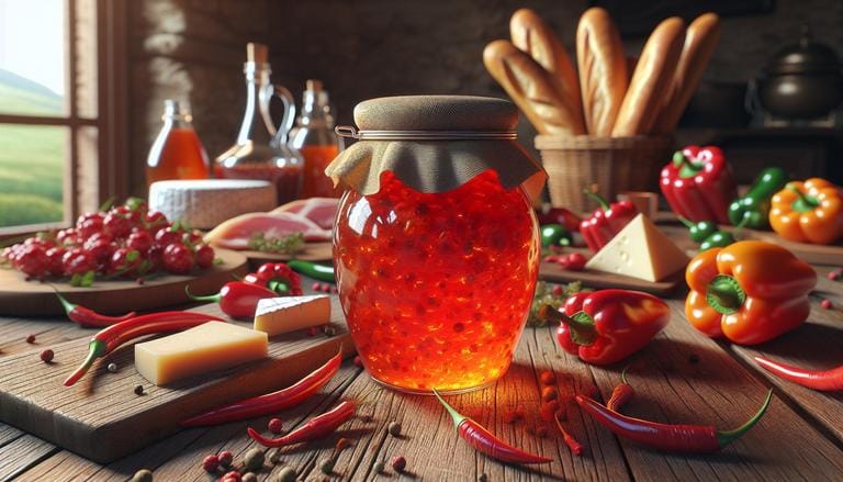 Geleia de pimenta - Geleia de pimenta é um condimento doce e picante, feito com pimentas misturadas a ingredientes como açúcar e frutas, usado geralmente para acompanhar carnes, queijos e pães. - Um churras - Imagem gerada por IA