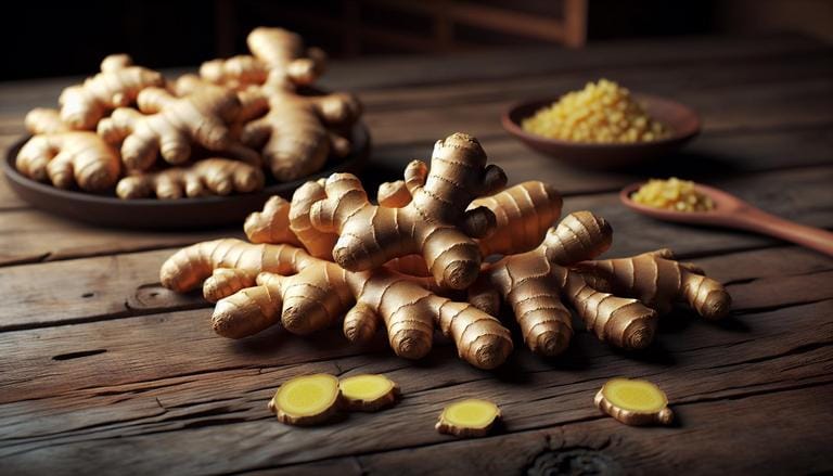 Gengibre - O gengibre é uma raiz usada como especiaria e remédio natural. Possui sabor picante e é rico em antioxidantes, além de ser conhecido por suas propriedades anti-inflamatórias e digestivas. - Um churras - Imagem gerada por IA
