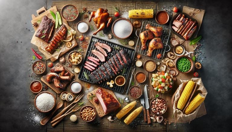 Glutamato monossódico - O glutamato monossódico, também conhecido como MSG, é um realçador de sabor amplamente utilizado em marinadas e temperos de churrasco. Ele intensifica o sabor umami, tornando carnes e acompanhamentos mais saborosos e apetitosos. Seu uso deve ser moderado para evitar sabores excessivamente salgados. - Um churras - Imagem gerada por IA