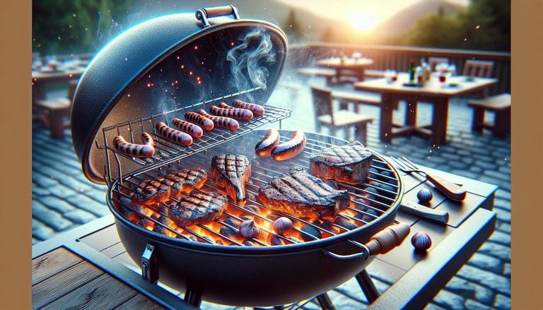 Grelhador - Grelhador é um dispositivo utilizado para assar alimentos, principalmente carnes, através de fontes de calor como carvão, gás ou eletricidade. Ele pode ser portátil ou fixo, ideal para churrascos e outras preparações culinárias. - Um churras - Imagem gerada por IA