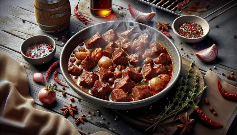 Guisado - Guisado é uma técnica culinária onde diferentes tipos de carne, normalmente bovina ou suína, são cozidos lentamente em uma mistura de temperos e líquidos como caldo, vinho ou água, até ficarem bem macios. No contexto de churrasco, pode ser utilizado como acompanhamento ou parte do preparo, trazendo sabores complexos e suculentos ao prato. - Um churras - Imagem gerada por IA