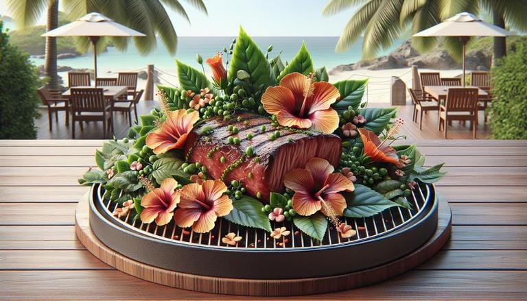 Hibisco - Hibisco no churrasco é cada vez mais popular, usado principalmente para marinar carnes. O extrato de hibisco, com sua acidez suave, ajuda a amaciar a carne e potencializar sabores. Além disso, seu sabor floral adocicado confere um toque exótico às preparações, realçando a experiência gastronômica. - Um churras - Imagem gerada por IA