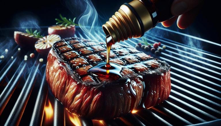 Hidrossolúvel - Termo "hidrossolúvel" no contexto de churrasco refere-se a substâncias, como certos tipos de sais e marinadas, que se dissolvem em água. Esses elementos penetram nas fibras da carne, ajudando a amaciar e a realçar os sabores ao longo do processo de cozimento na grelha. - Um churras - Imagem gerada por IA