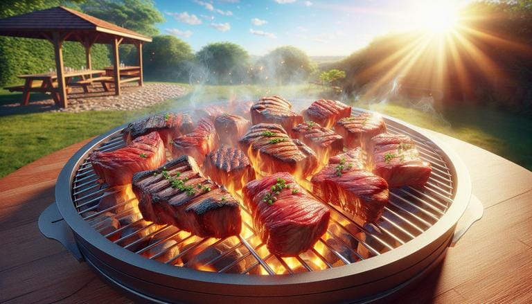 Hipercalórico - No contexto de churrasco, alimentos hipercalóricos são aqueles que possuem alto teor de calorias devido à quantidade elevada de gorduras e proteínas. Exemplos comuns incluem cortes de carne mais gordurosos como picanha ou costela, que são apreciados por sua suculência e sabor. - Um churras - Imagem gerada por IA