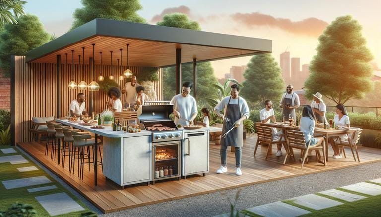 Ilha para churrasco - Ilha para churrasco é um espaço ou estrutura centralizada em uma área externa ou interna, geralmente equipada com churrasqueira, bancada, pia e, às vezes, frigobar. Facilita o preparo e o serviço de carnes e acompanhamentos, promovendo interação entre o churrasqueiro e os convidados. - Um churras - Imagem gerada por IA