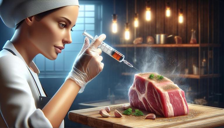 Injeção de temperos - Injeção de temperos é uma técnica culinária que consiste em injetar líquidos aromáticos diretamente no interior de carnes ou outros alimentos para intensificar seu sabor e umidade. - Um churras - Imagem gerada por IA