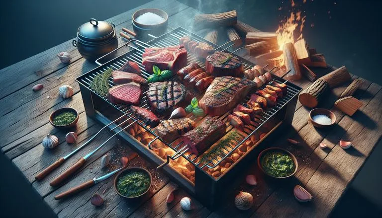 Uruguaio - O termo "Uruguaio" no contexto de churrasco refere-se ao estilo tradicional de assar carnes adotado no Uruguai, onde a carne é cozida lentamente em braseiros horizontais, muitas vezes com lenha de árvores nativas. Os cortes de carne são similares aos argentinos e incluem picanha, entrecôte e costela. O churrasco uruguaio valoriza o sabor natural da carne, usando apenas sal grosso como tempero e inclui o acompanhamento do famoso "chimichurri", que é uma mistura de ervas, alho e azeite. É um elemento cultural importante, muitas vezes relacionado a encontros familiares e sociais. - Um churras - Imagem gerada por IA